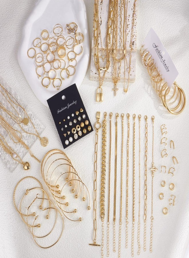 MEDOJO 93 Pcs Golden Jewelry Set for Women Costume Jewelry Pack Golden Plated Necklace Bracelet Stackable Ring Earrings Jewelry for Christmas New Year - Image 3